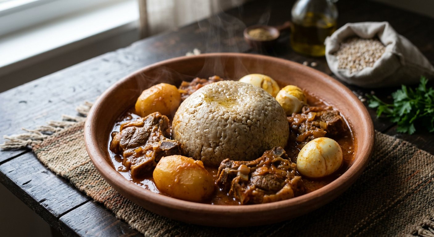 Libyan Bazeen (Steamed Barley Dough with Spiced Lamb, Potatoes, and Eggs) — Libya