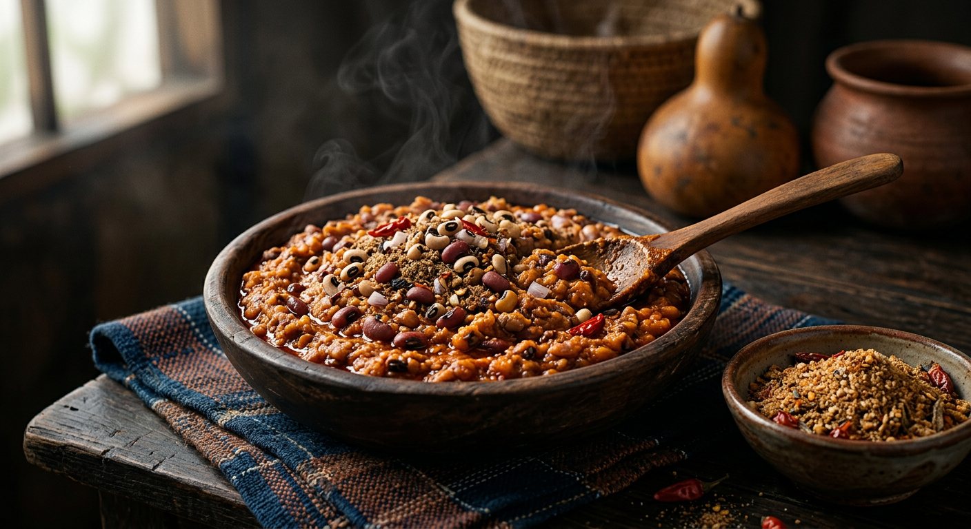 Djonkoli (Mashed Black-Eyed Beans with Palm Oil and Seasoned Gari) — Benin