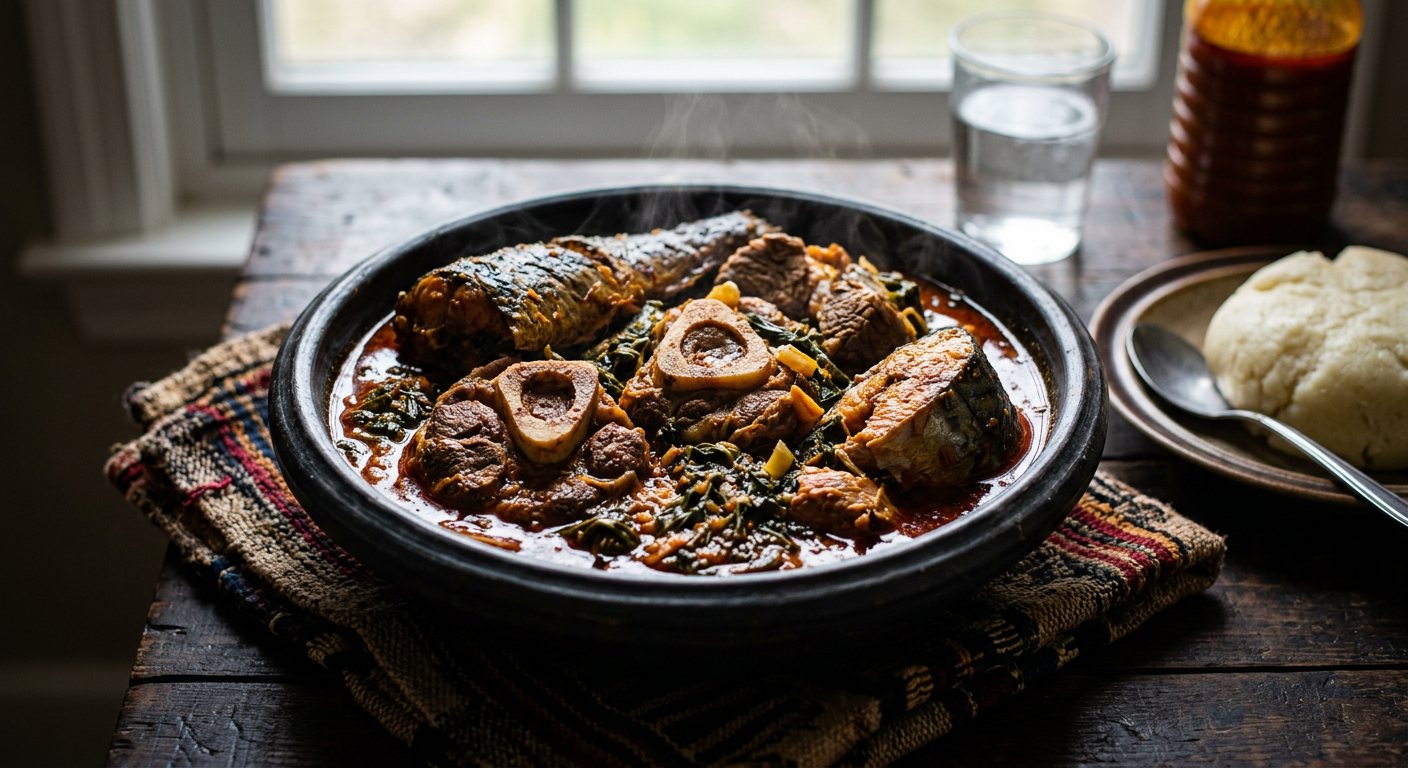 Bitter Leaf Soup (Washed bitterleaf greens stewed in palm oil with smoked fish) — Liberia