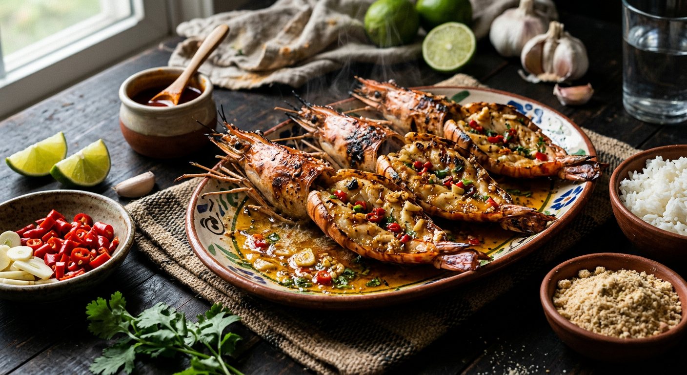 Pitu Grelhado com Alho (Grilled Freshwater Prawns with Garlic) — São Tomé and Príncipe