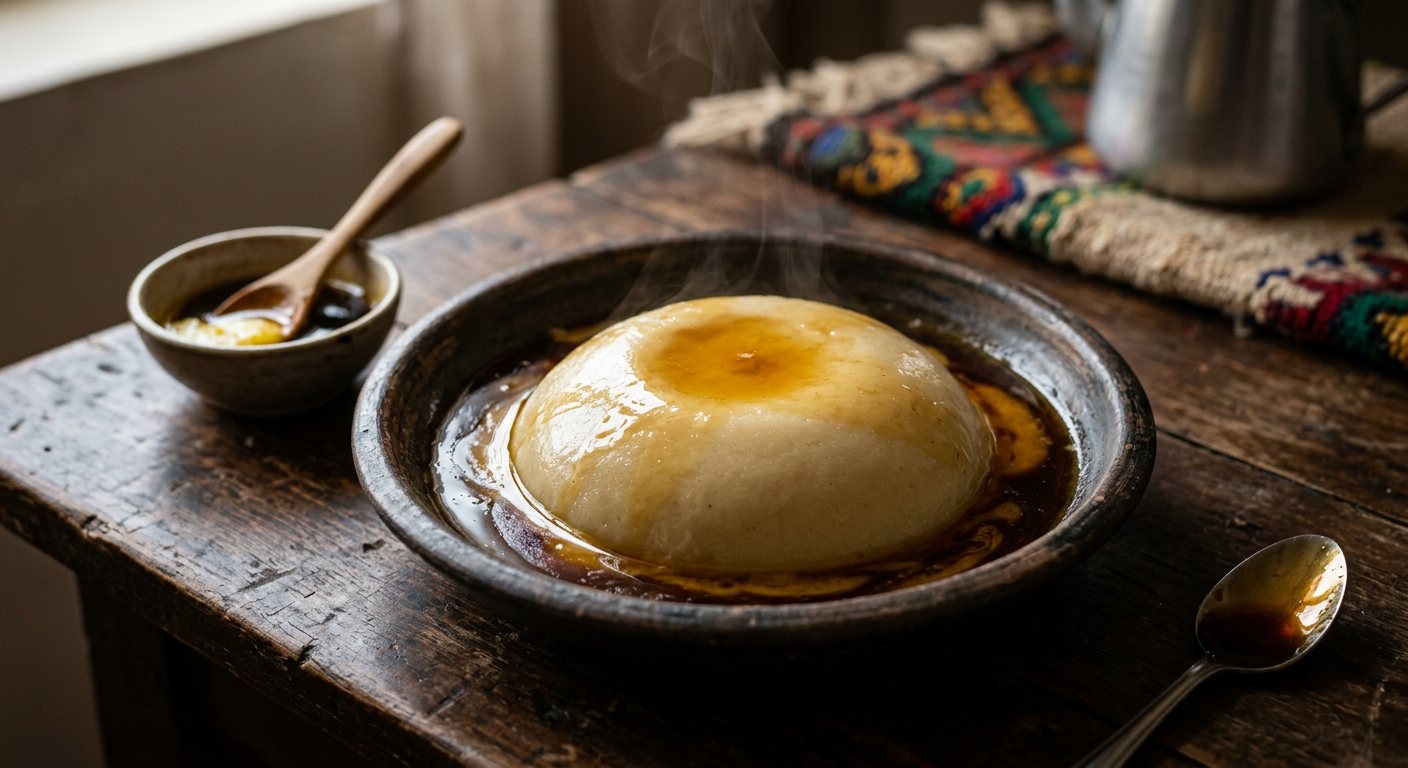 Asida (Steamed Wheat Flour Pudding with Melted Butter and Date Syrup) — Libya