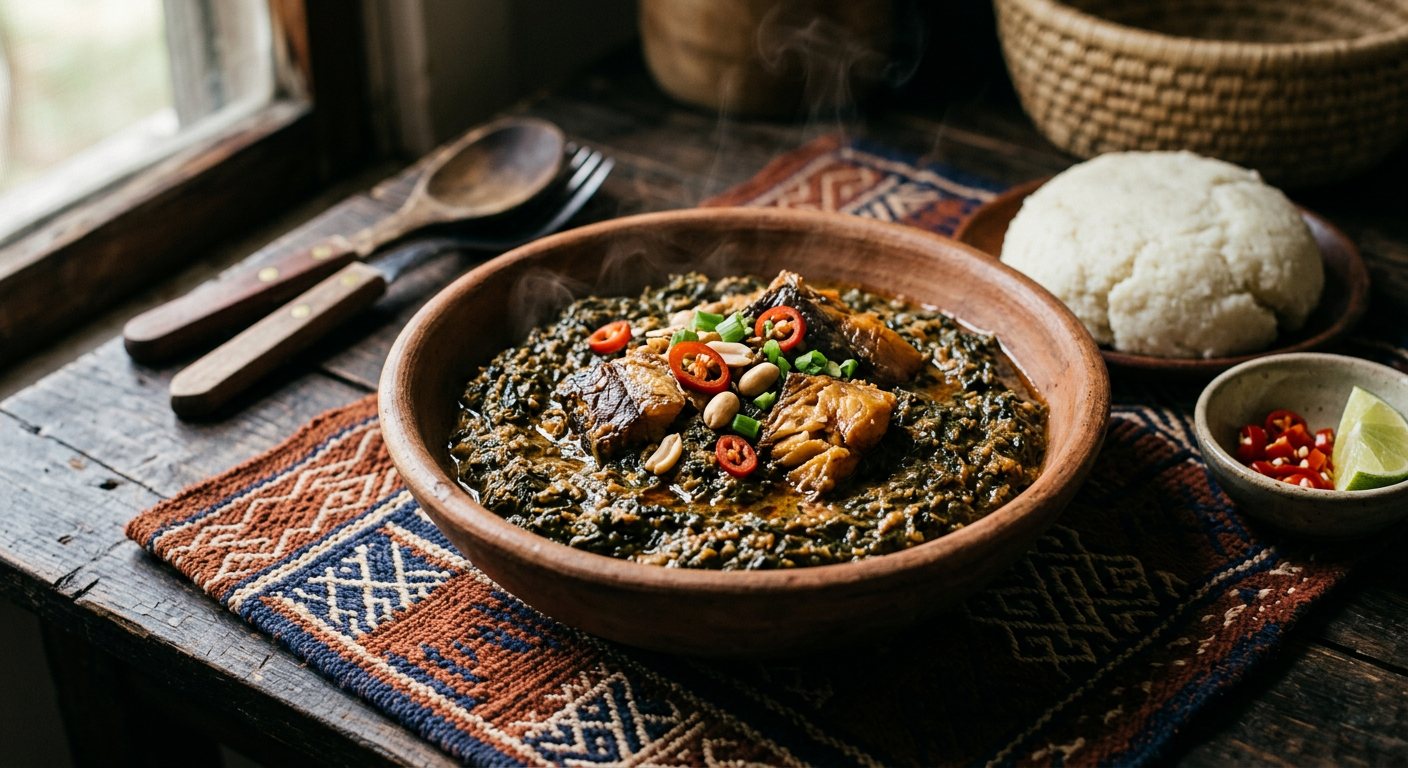 Bikedi (Steamed Fermented Cassava Leaves with Groundnuts) — DR Congo