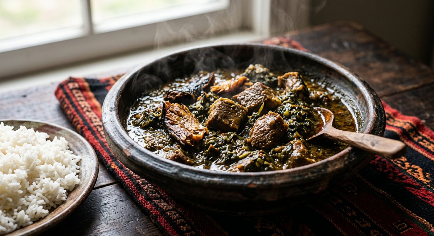 Palava Sauce (Jute leaf stew simmered with dried fish and meat) — Liberia