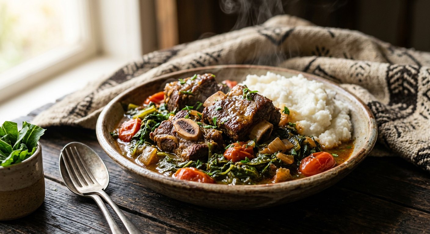 Tsunga ne Nyama (Braised Mustard Greens with Stewed Beef) — Zimbabwe
