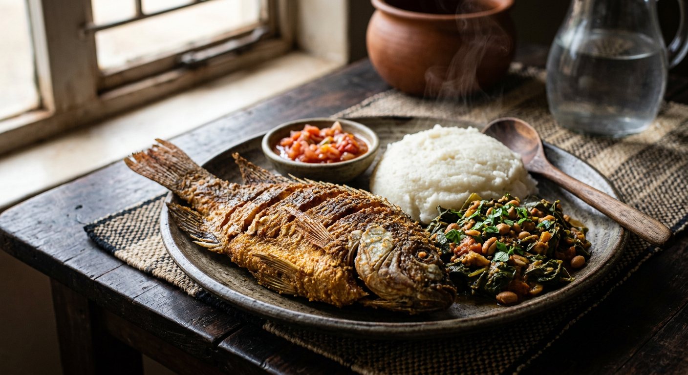 Chambo ndi Nsima (Crispy Lake Tilapia with White Corn Fufu & Pumpkin Greens) — Malawi