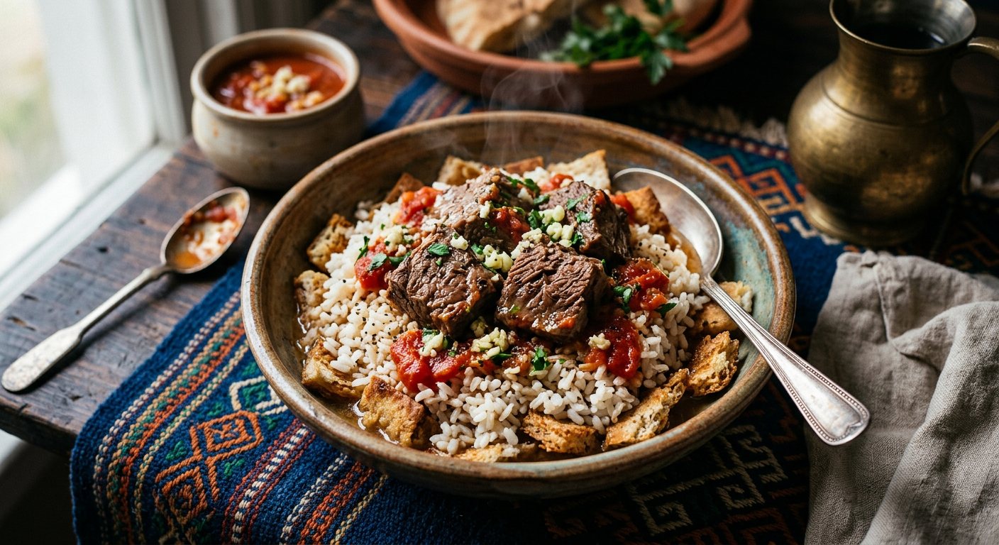 Fattah Masreya (Layered Rice, Crisp Flatbread, and Meat with Garlic-Vinegar Sauce) — Egypt