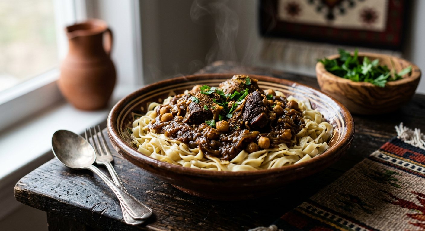Reshta Imbasla (Steamed Fresh Noodles with Spiced Meat and Onion Sauce) — Libya