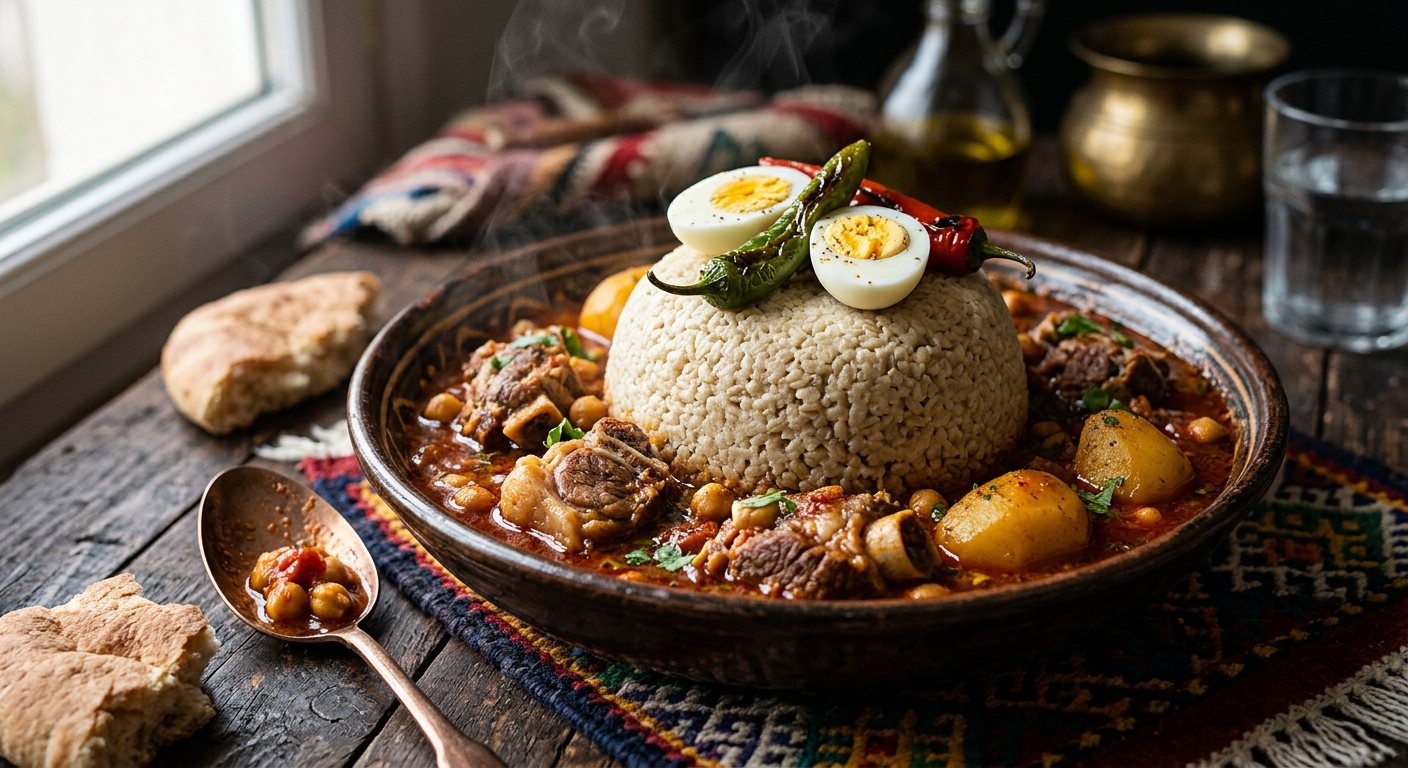 Bazin (Steamed Barley Flour Dome in Tomato Meat Stew) — Tunisia