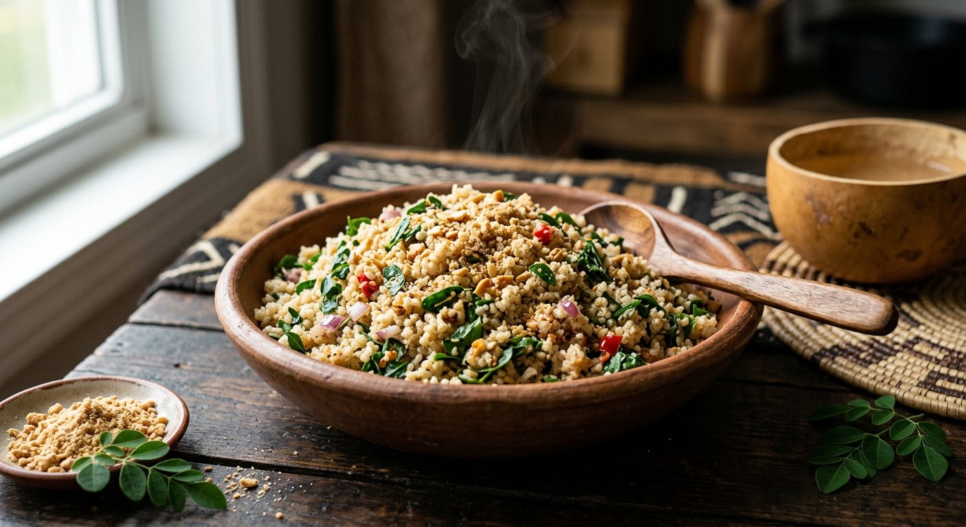 Dambou (Steamed Rice Semolina with Moringa) — Niger
