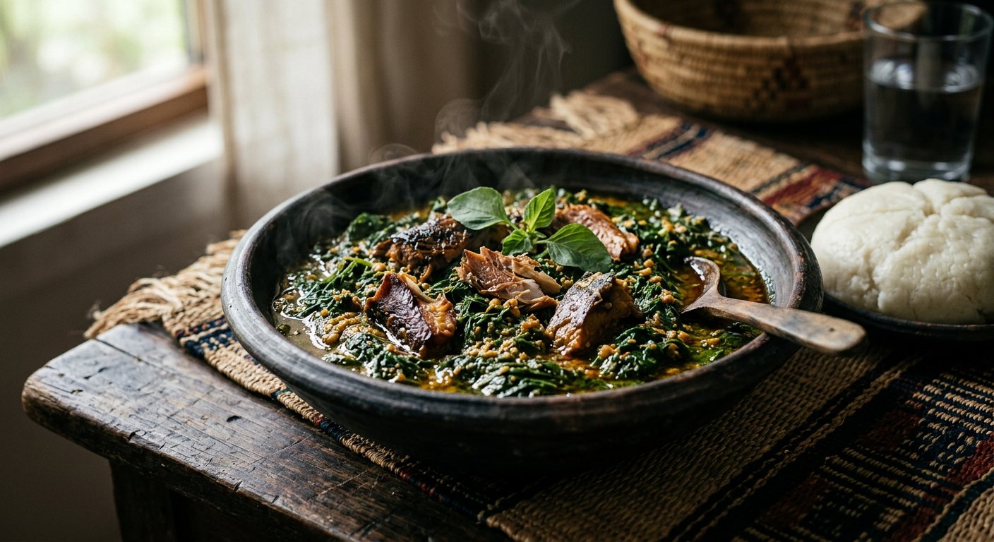 Sauce Folon (Amaranth Greens Stew with Dried Fish) — Gabon