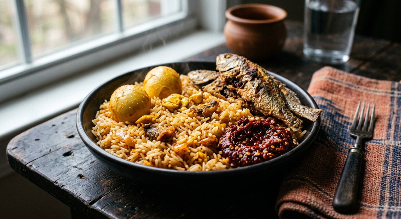 Dry Rice (Parboiled rice tossed with palm oil, fried fish, and eggs) — Liberia