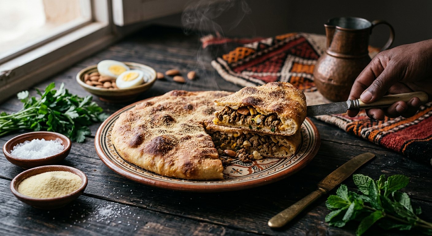 Medfouna (Stuffed Berber Flatbread with Spiced Minced Meat and Suet) — Morocco