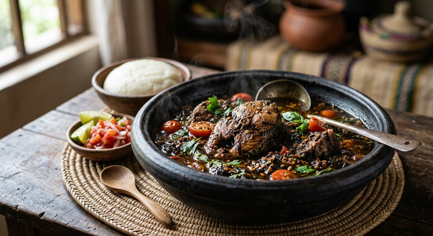 Mbongo Tchobi (Scorched-Bark Black Herb Fish Stew) — Cameroon