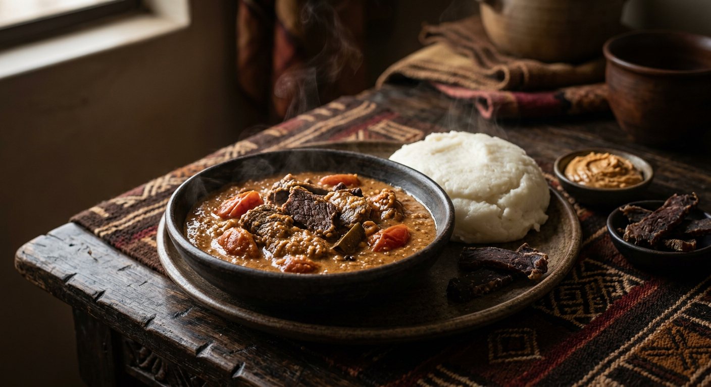 Chimukuyu ne Dovi (Cured Biltong Beef in Peanut Butter Sauce) — Zimbabwe