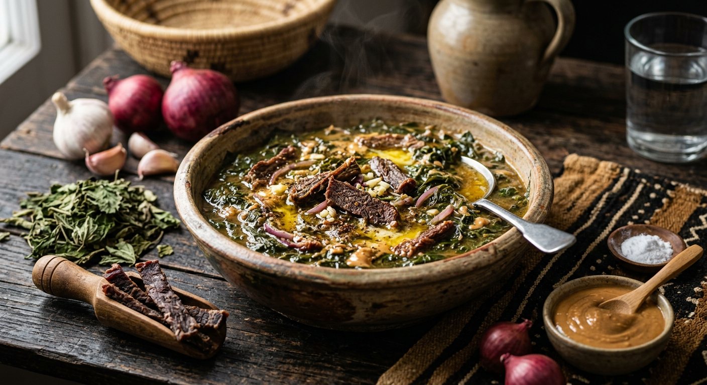 Mulloh (Jute Leaf and Dried Meat Stew) — South Sudan