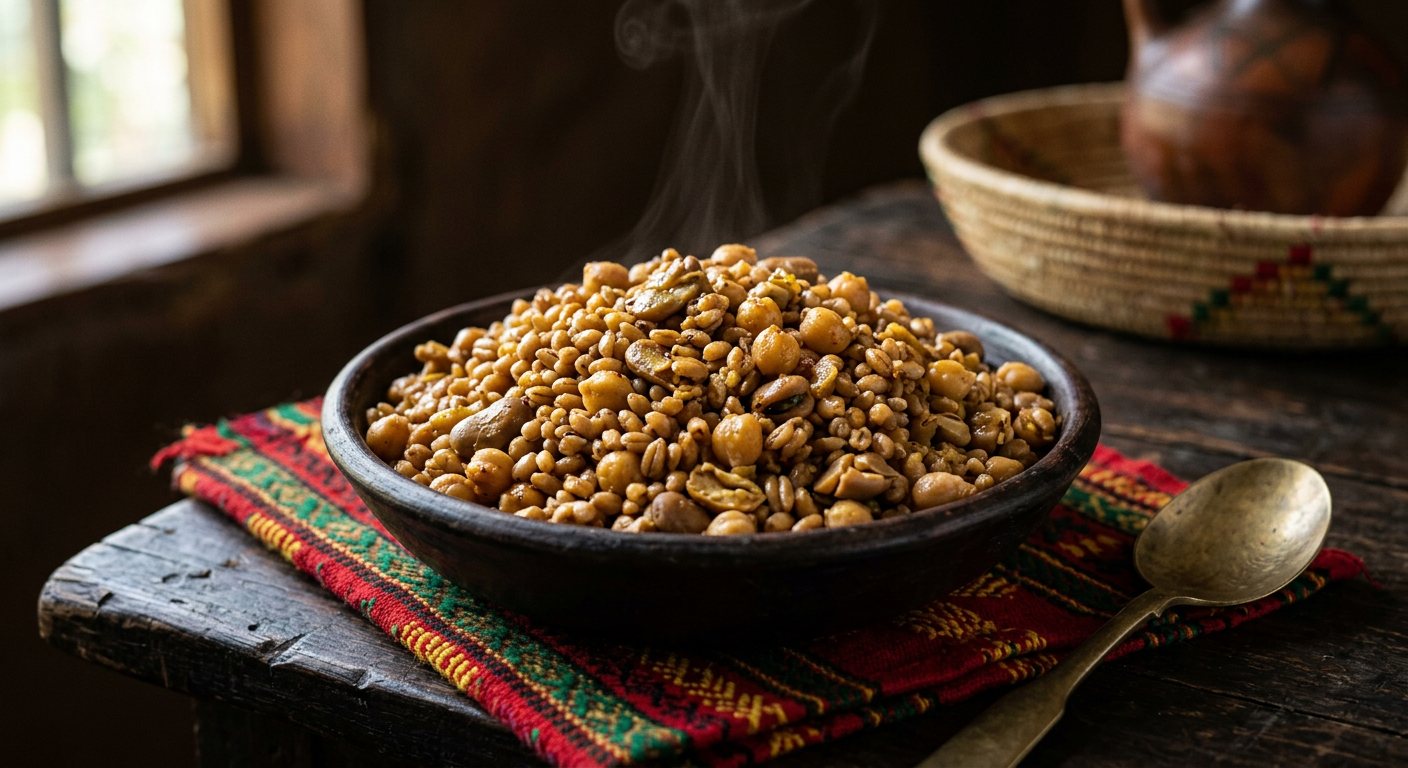 Nifro (Boiled Whole Wheat, Chickpeas, and Fava Beans Tossed in Oil) — Ethiopia