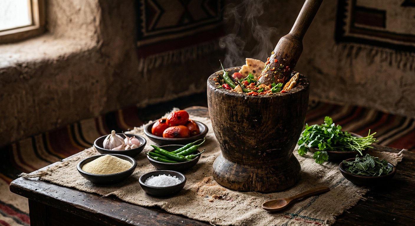 Zviti / Tchertchoukha de M'Sila (Crushed Flatbread, Hot Peppers, and Garlic Pounded in a Wooden Mortar) — Algeria
