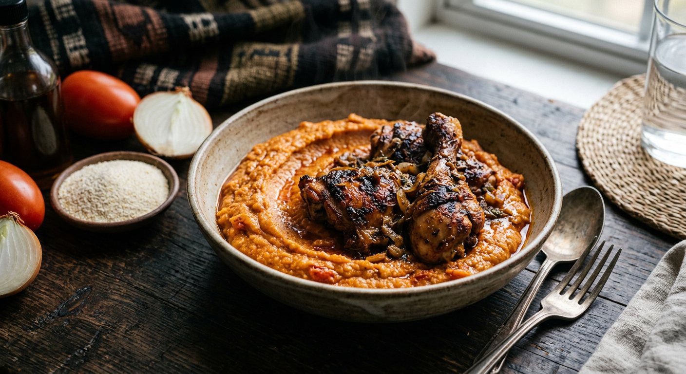Amiwo au Poulet (Beninese Savory Red Corn Paste with Braised Chicken) — Benin