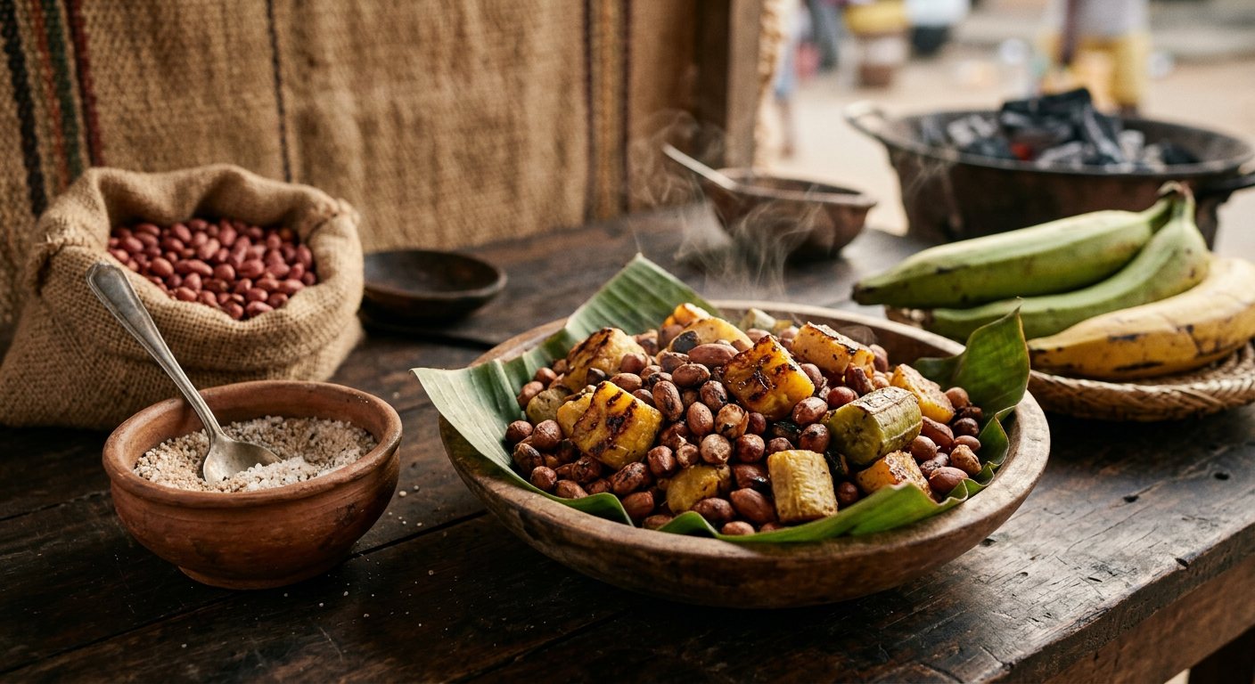 Jinguba Torrada com Banana (Roasted Peanuts with Plantain) — Angola