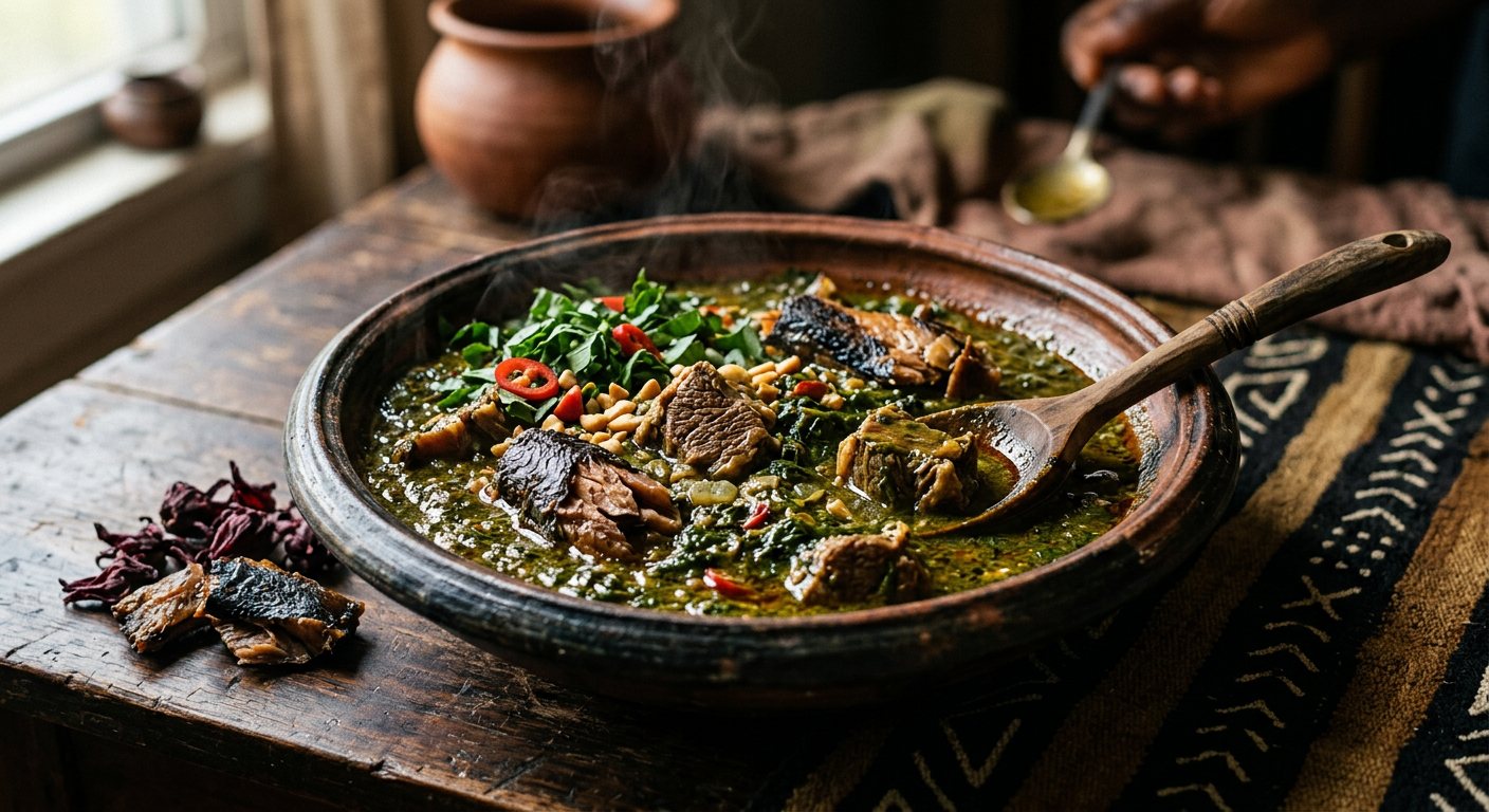 Sauce Dah (Sour Roselle Leaf Sauce with Smoked Catfish) — Mali