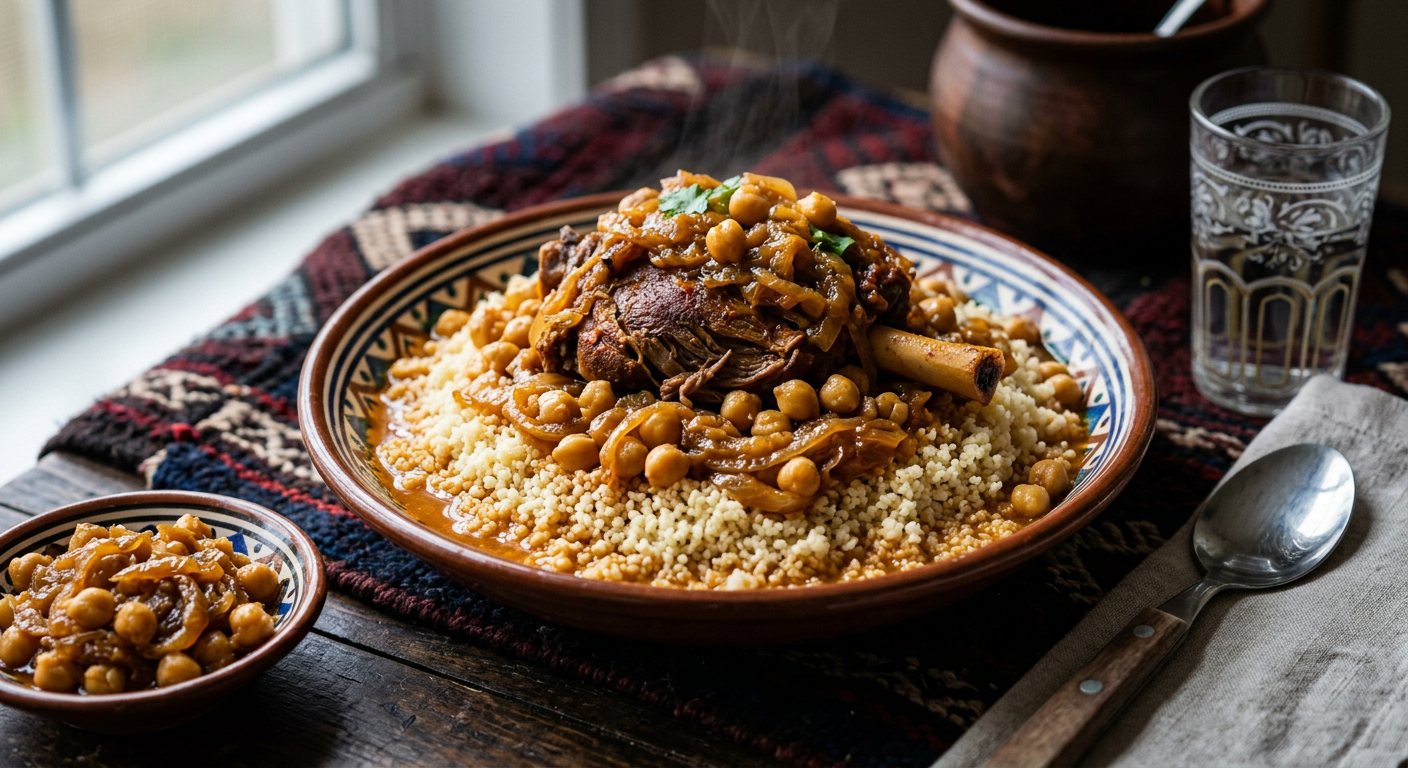 Kusksi bil-Bsal (Steamed Couscous with Caramelized Onion and Chickpea Stew) — Libya