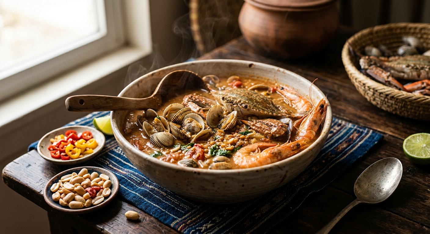 Soupou Teck (Fishermen's Shellfish and Crushed Peanut Broth) — Senegal