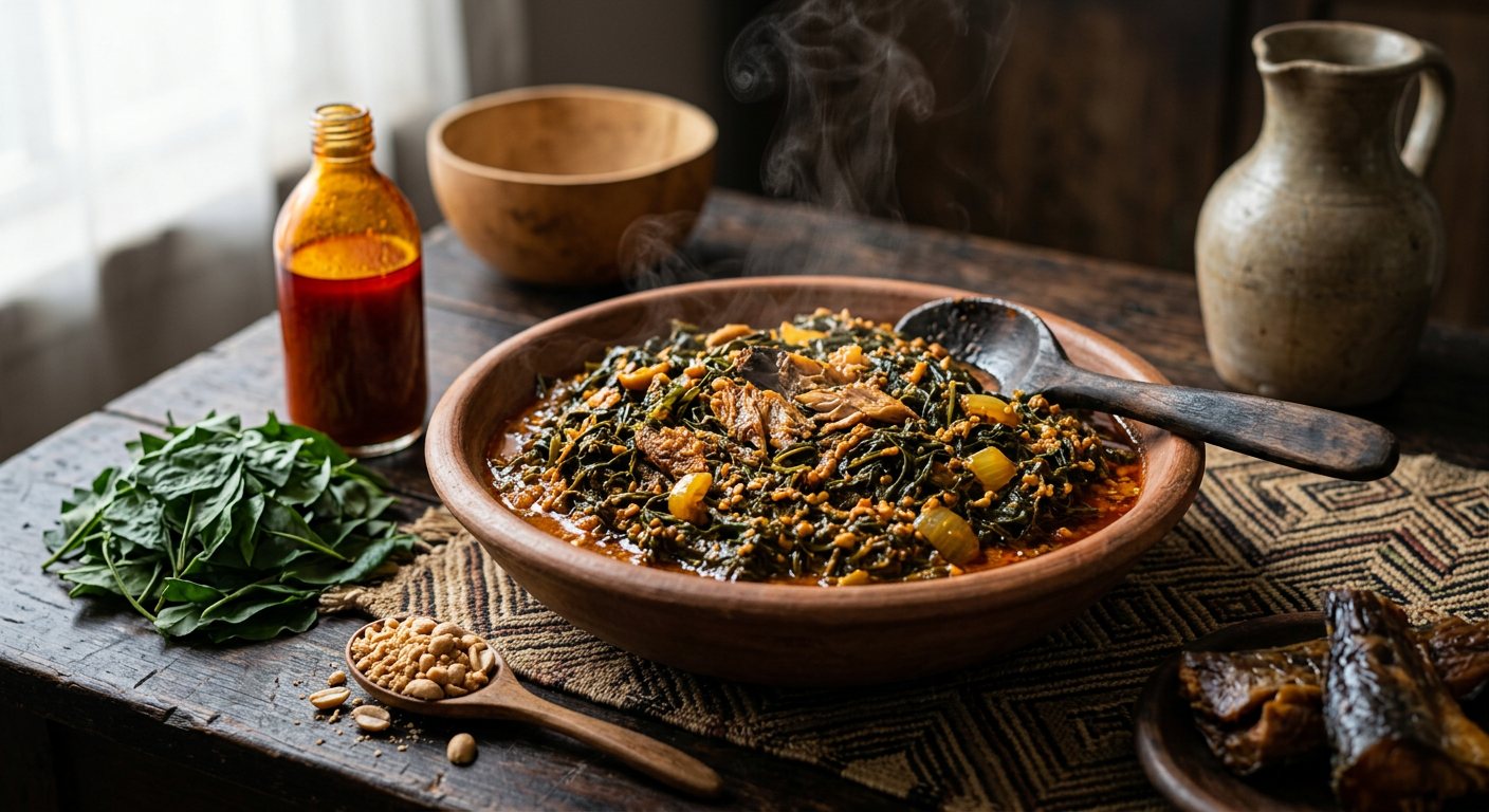 Koko na Mafuta ya Mba (Gnetum Forest Greens Cooked in Pure Red Palm Oil) — Republic of the Congo