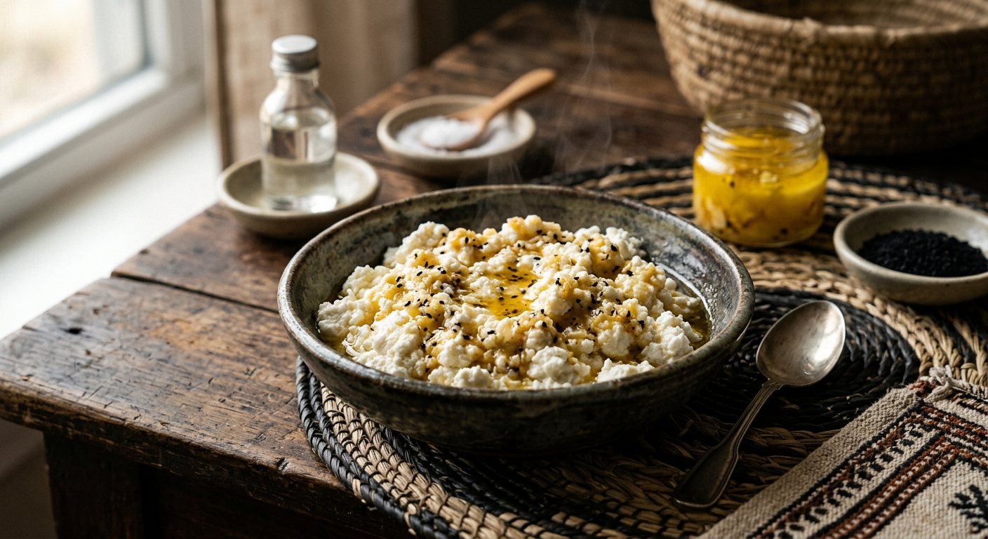 Burcad iyo Subag (Fresh Curd Cheese with Spiced Ghee) — Somalia