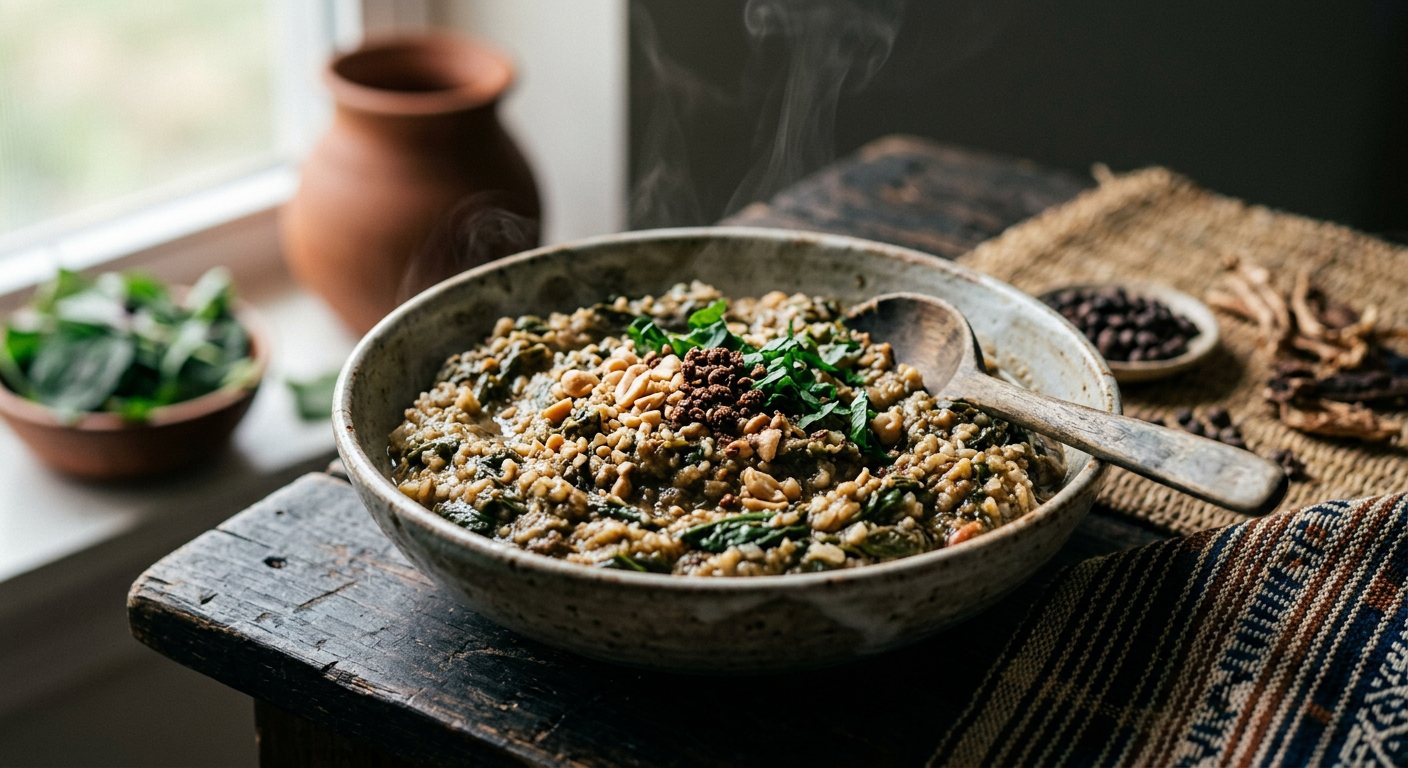Babenda (Braised Bitter Greens, Fermented Néré, and Rice Mash) — Burkina Faso