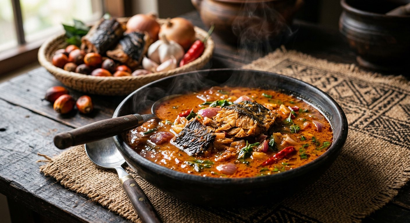 Mosaka (Rich Red Palm Nut Pulp Broth with Smoked Catfish) — Republic of the Congo