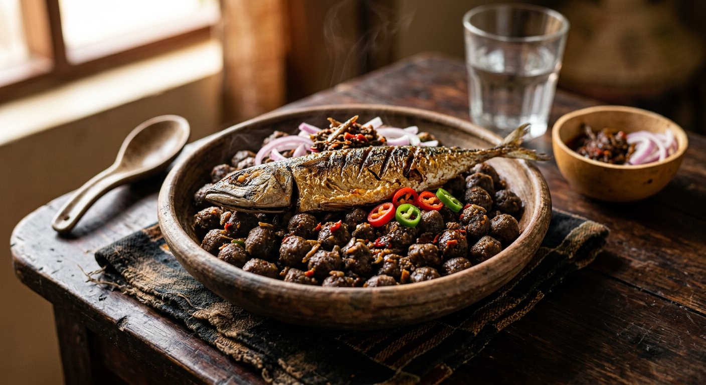 Wasawasa (Steamed Dried Yam Flour Pellets with Fried Fish and Pepper) — Ghana
