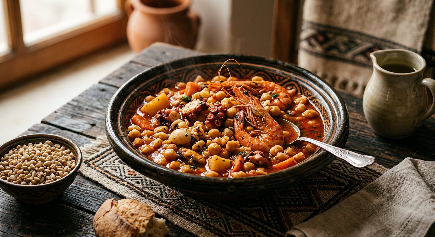 Barkoukesh (Hand-Rolled Giant Couscous with Seafood) — Tunisia