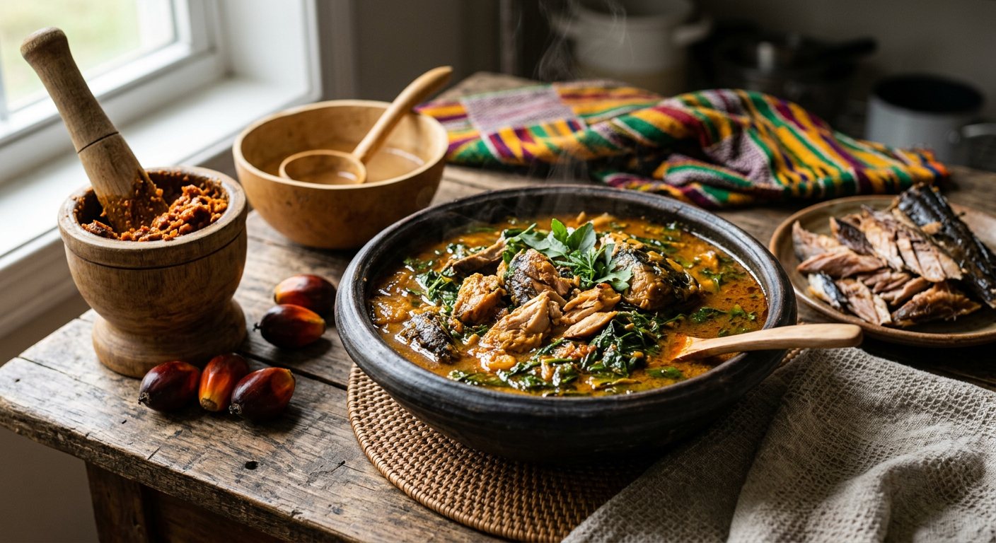 Djobo (Palm Kernel Pulp and Smoked Fish Soup) — Cameroon