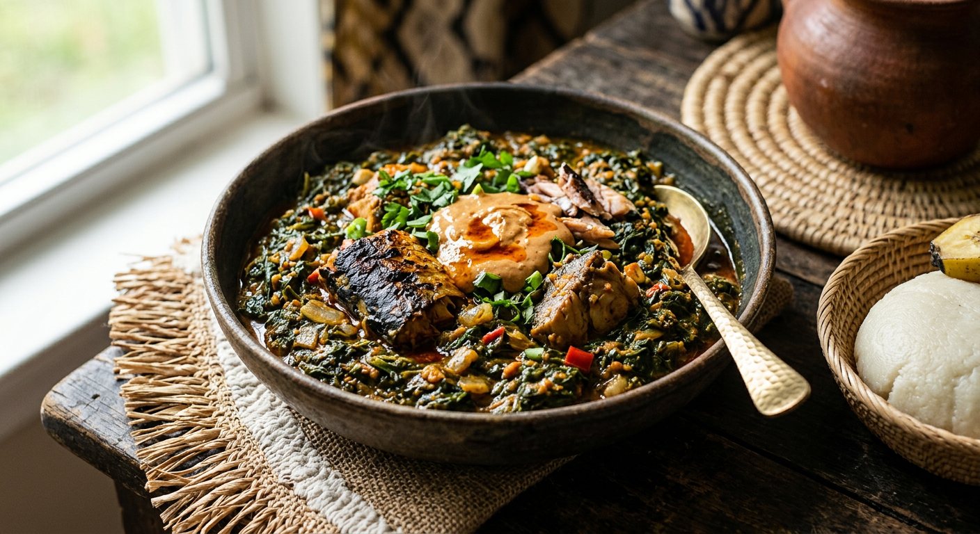 Kumu aux Arachides (Stewed Cassava Leaves with Peanut Paste) — Gabon