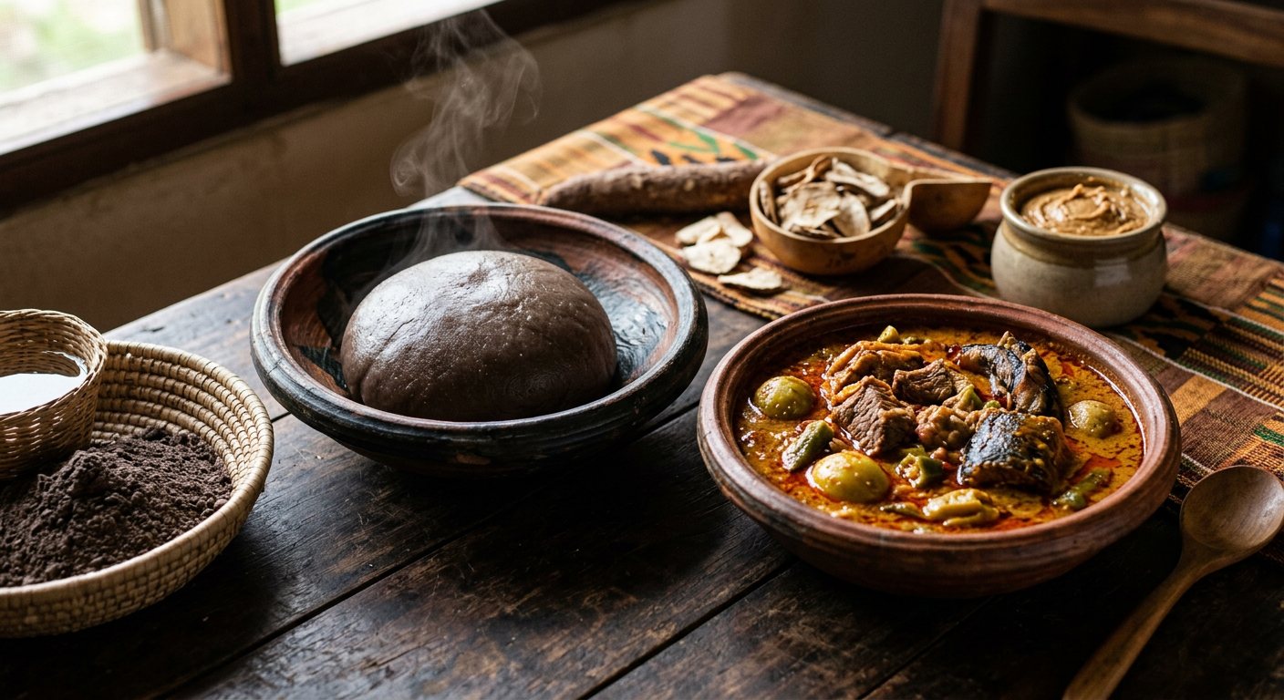 Kokonte (Sun-Dried Cassava Flour Swallow with Groundnut-Palm Soup) — Ghana