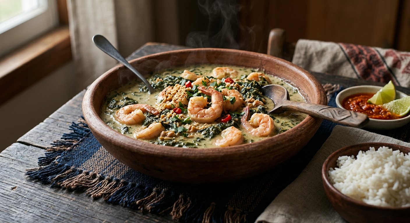 Matapa de Camarão (Cassava Leaf Stew with Coconut, Peanuts & Prawns) — Mozambique