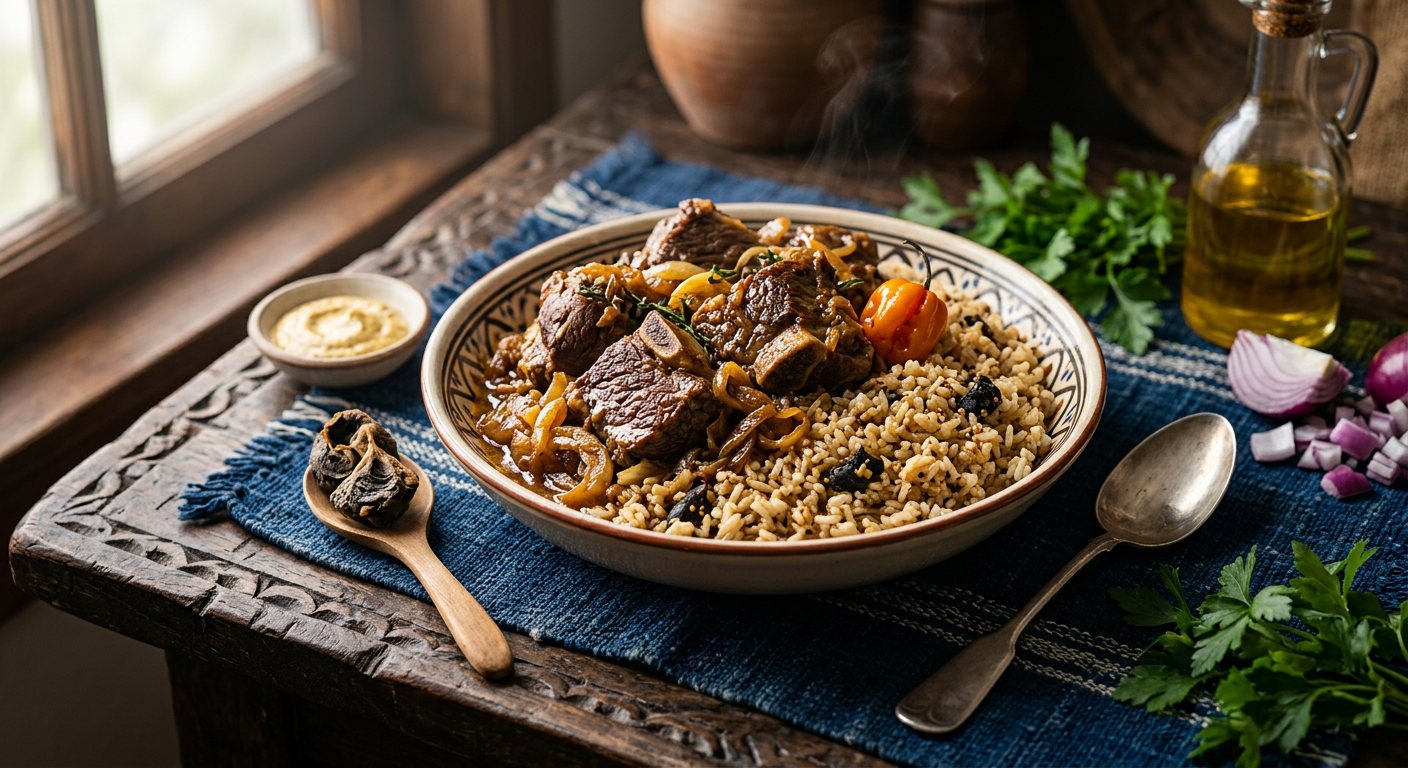 Ceebu Yapp (Spiced Braised Beef with Mustard Rice) — Senegal