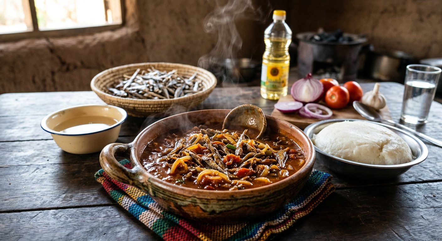 Kapenta wa Kuyanika (Dried Lake Sardines Stewed with Tomato and Onion) — Zambia