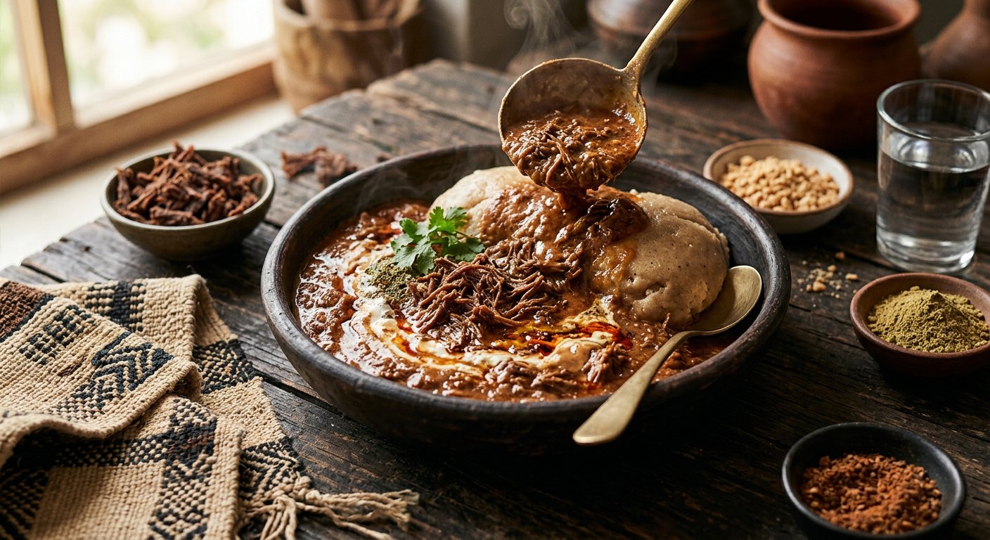 Mulah Ni'aimiya (Yogurt, Dried Meat, and Peanut Sauce Stew) — Sudan