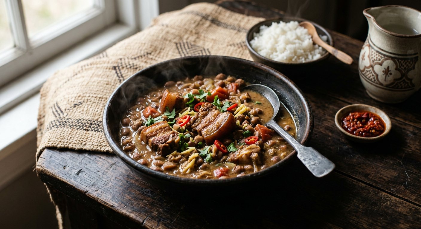 Voanjobory sy Henakisoa (Bambara groundnuts stewed with pork) — Madagascar