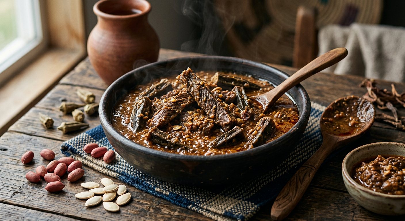 Matobou (Sun-Dried Meat in Groundnut and Squash Seed Sauce) — Cameroon