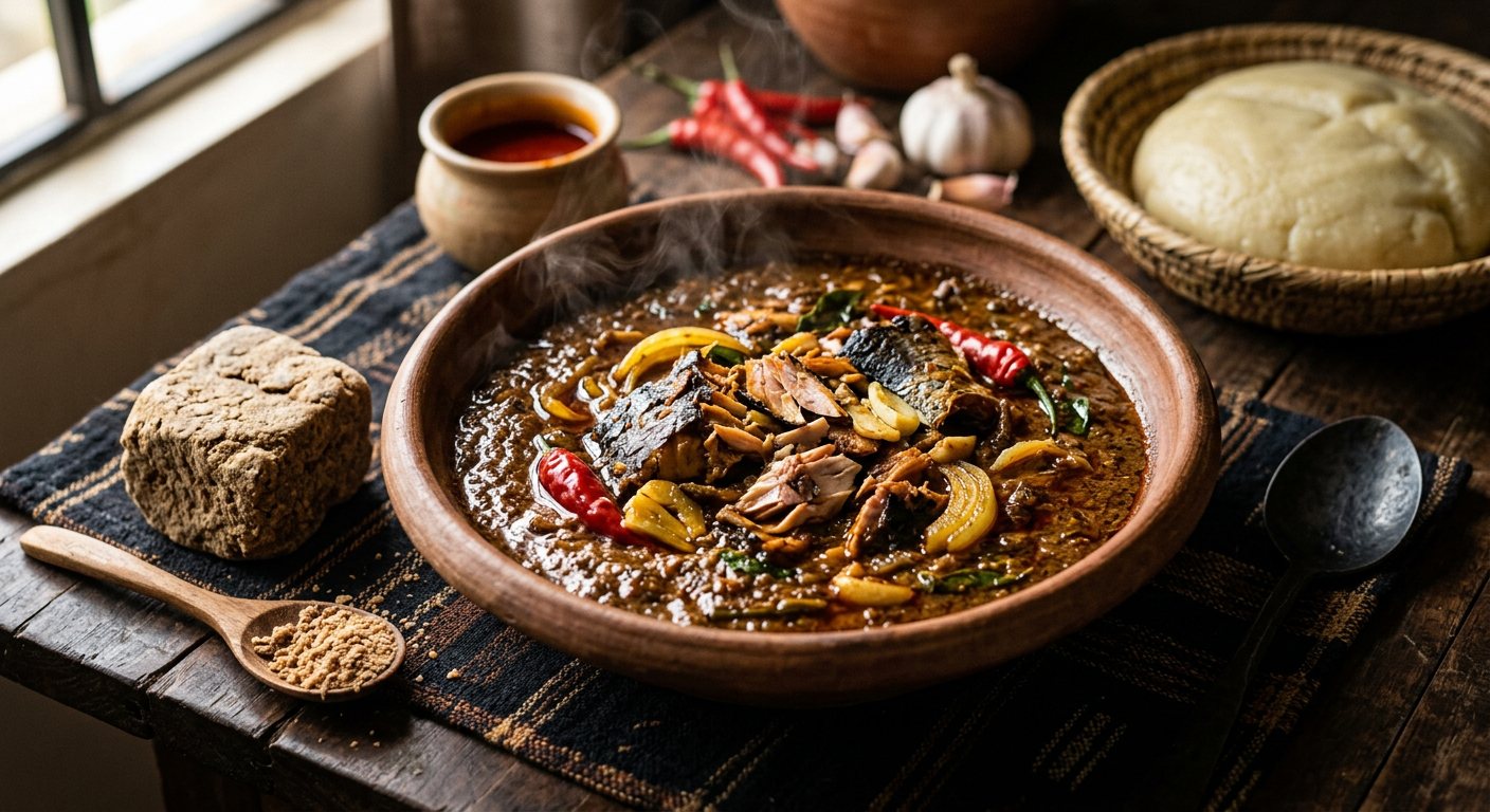 Sauce Odika au Poisson Fumé (Wild Mango Kernel Chocolate Sauce with Smoked Fish) — Gabon