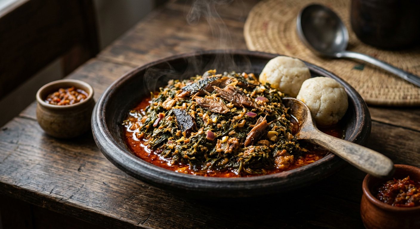 Koko (Simmered Gnetum Leaves with Smoked Fish and Palm Oil) — Central African Republic