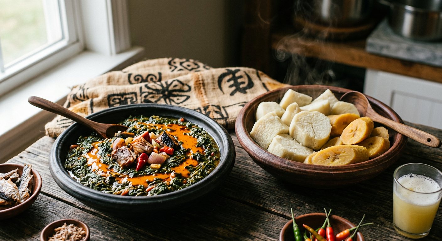 Ampesi with Kontomire Abom (Boiled Root Tubers with Cocoyam Leaf and Palm Oil Relish) — Ghana