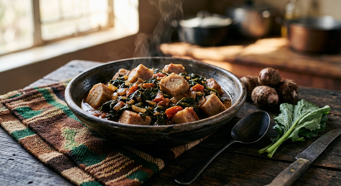 Tsunga NeMadhumbe (Braised Bitter Mustard Greens with Taro Roots) — Zimbabwe