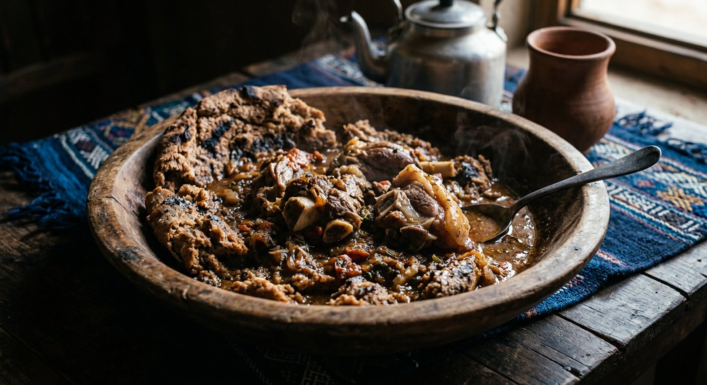 Taguella (Tuareg Ash-Baked Bread with Meat Sauce) — Niger