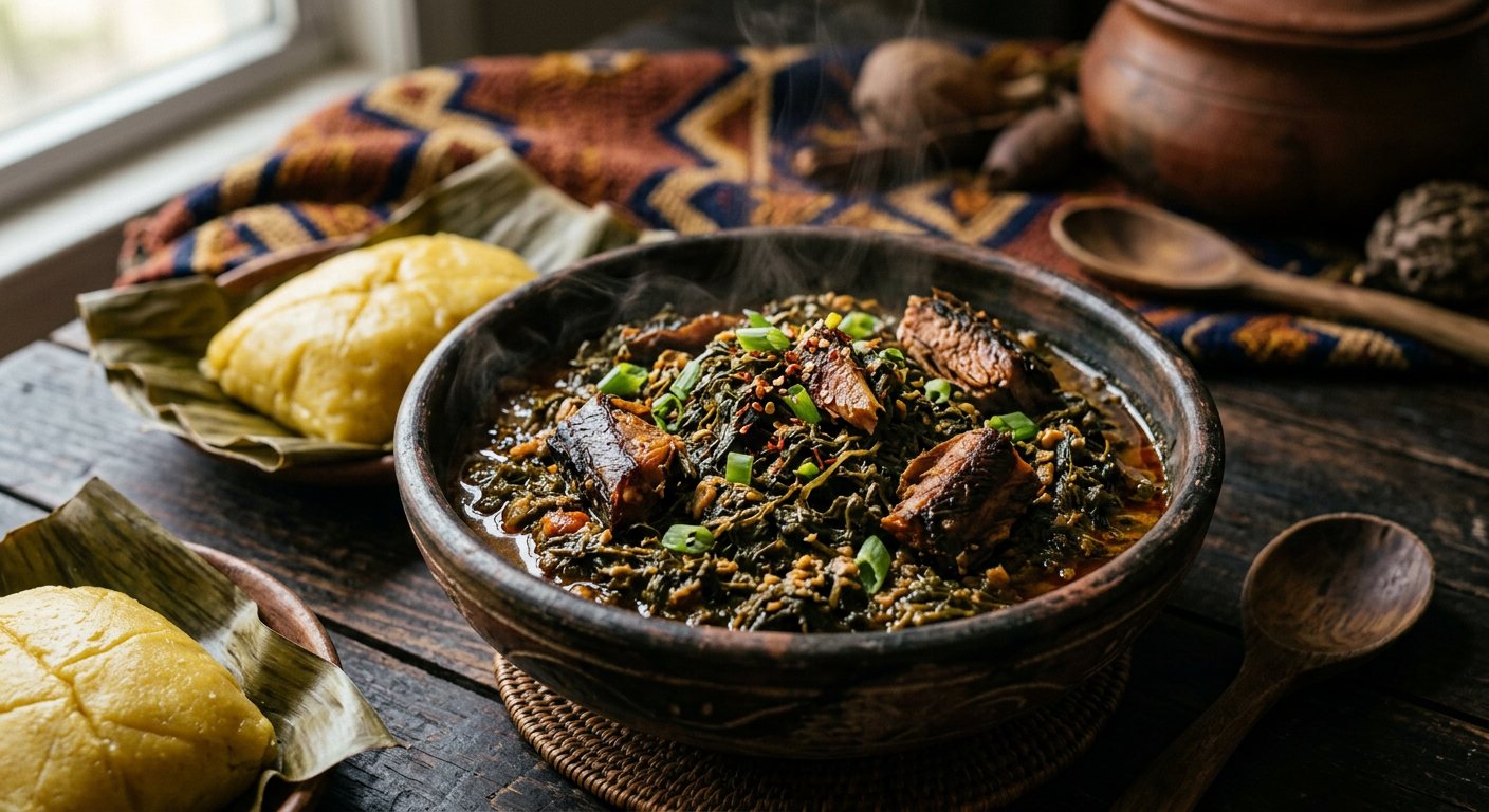 Fumbwa (Wild Shredded Gnetum Leaves with Smoked Fish and Peanut Paste) — Republic of the Congo