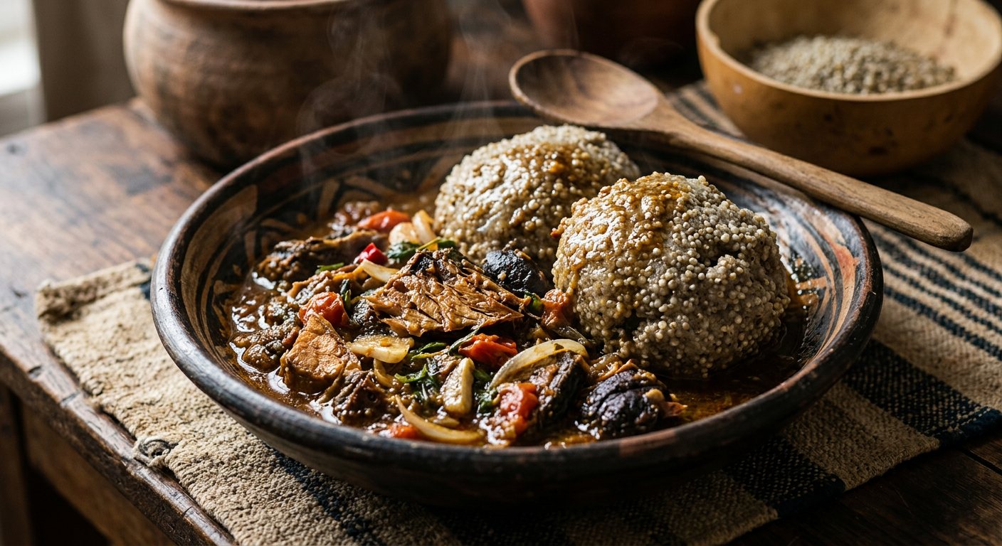 Kouakouba (Steamed Millet Balls with Dried River Fish Stew) — Mali